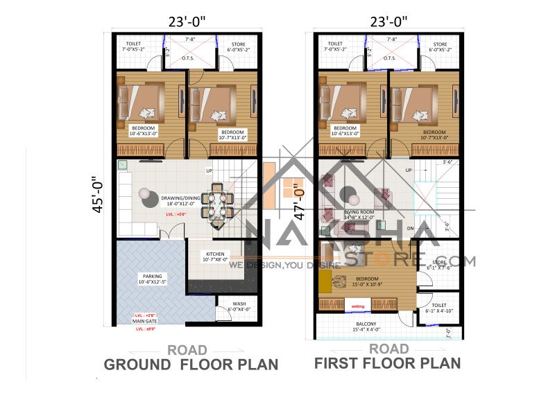 23×45 G+1 Floor Plan | Modern Indian Residential House Design